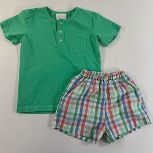 Whimsy Bay Kids - Boys 2-Piece Outfit Green Henley Shirt Plaid Shorts 3T